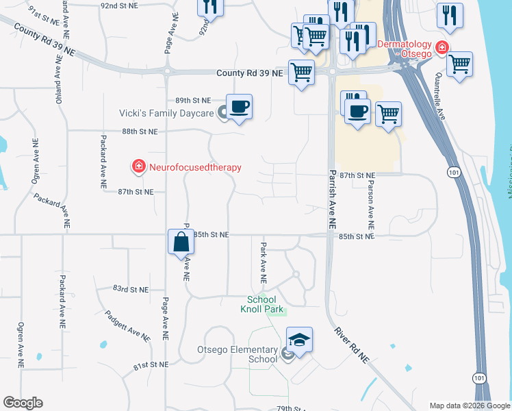 map of restaurants, bars, coffee shops, grocery stores, and more near 8714 Parell Avenue Northeast in Otsego