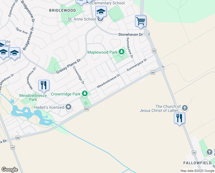 map of restaurants, bars, coffee shops, grocery stores, and more near 198 Flowing Creek Circle in Ottawa