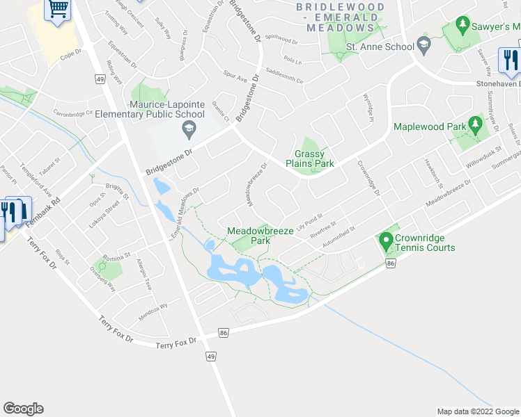map of restaurants, bars, coffee shops, grocery stores, and more near 81 Meadowbreeze Drive in Ottawa