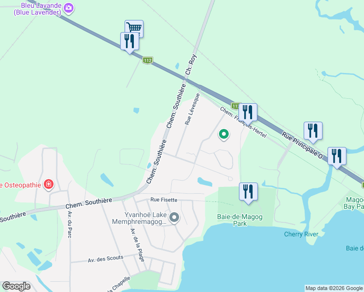 map of restaurants, bars, coffee shops, grocery stores, and more near 102 Rue Lévesque in Magog