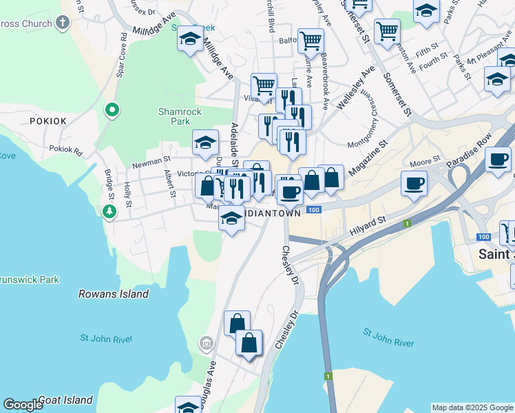 map of restaurants, bars, coffee shops, grocery stores, and more near 325 Main Street in Saint John