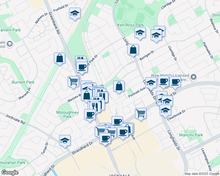 map of restaurants, bars, coffee shops, grocery stores, and more near 35 Tadley Private in Ottawa