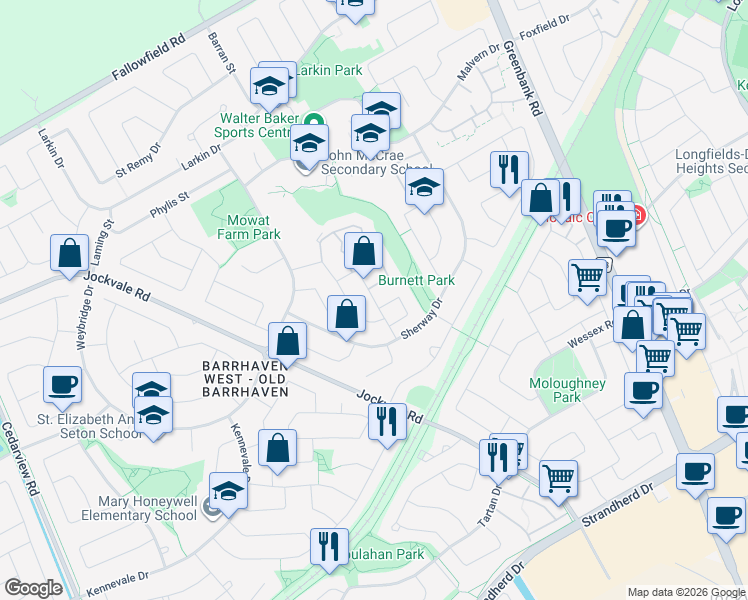 map of restaurants, bars, coffee shops, grocery stores, and more near Vanessa Terrace in Ottawa