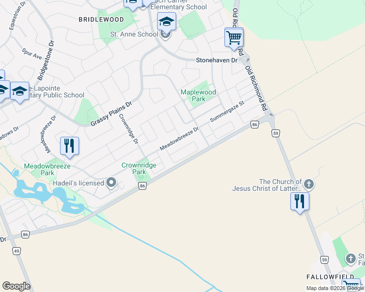 map of restaurants, bars, coffee shops, grocery stores, and more near 351 Meadowbreeze Drive in Ottawa
