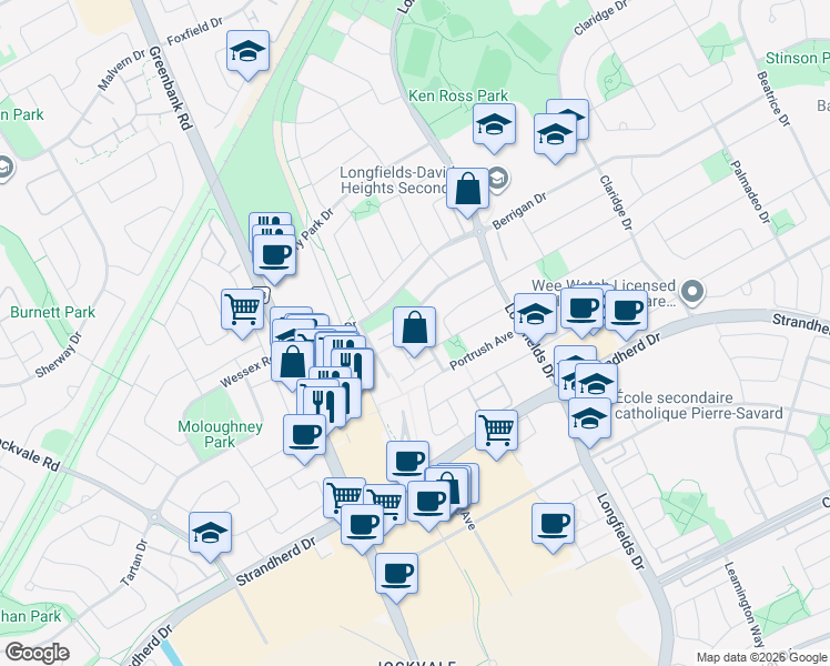 map of restaurants, bars, coffee shops, grocery stores, and more near 168 Hornchurch Lane in Ottawa
