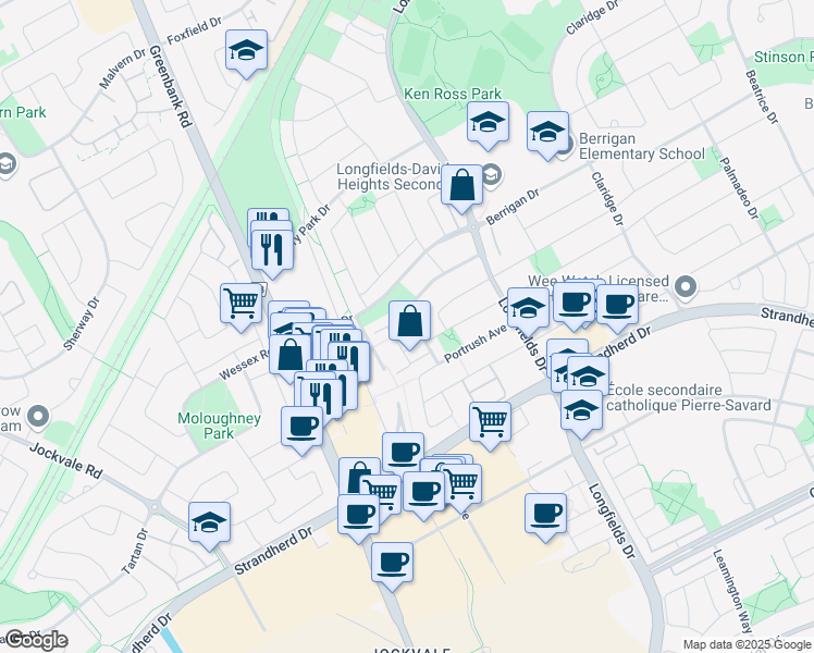 map of restaurants, bars, coffee shops, grocery stores, and more near 170 Hornchurch Lane in Ottawa