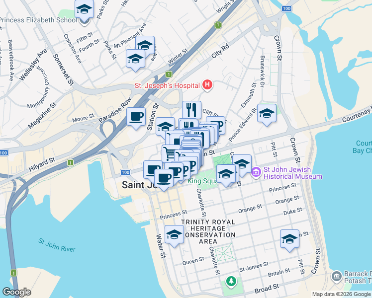 map of restaurants, bars, coffee shops, grocery stores, and more near 19 Coburg Street in Saint John