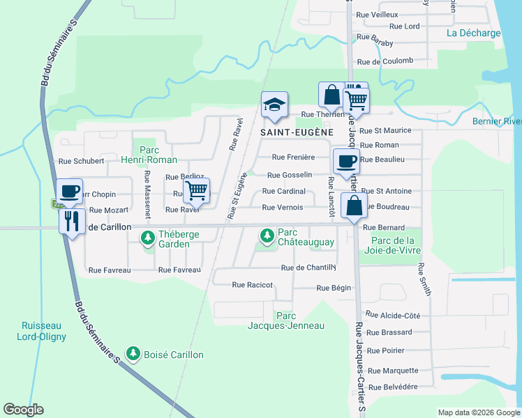 map of restaurants, bars, coffee shops, grocery stores, and more near 230 Rue Vernois in Saint-Jean-sur-Richelieu