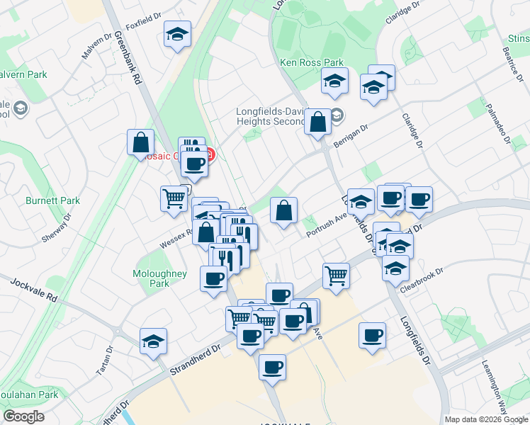 map of restaurants, bars, coffee shops, grocery stores, and more near 33 Tadley Private in Ottawa