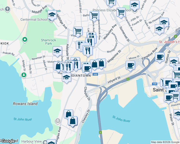 map of restaurants, bars, coffee shops, grocery stores, and more near 399 Main Street in Saint John