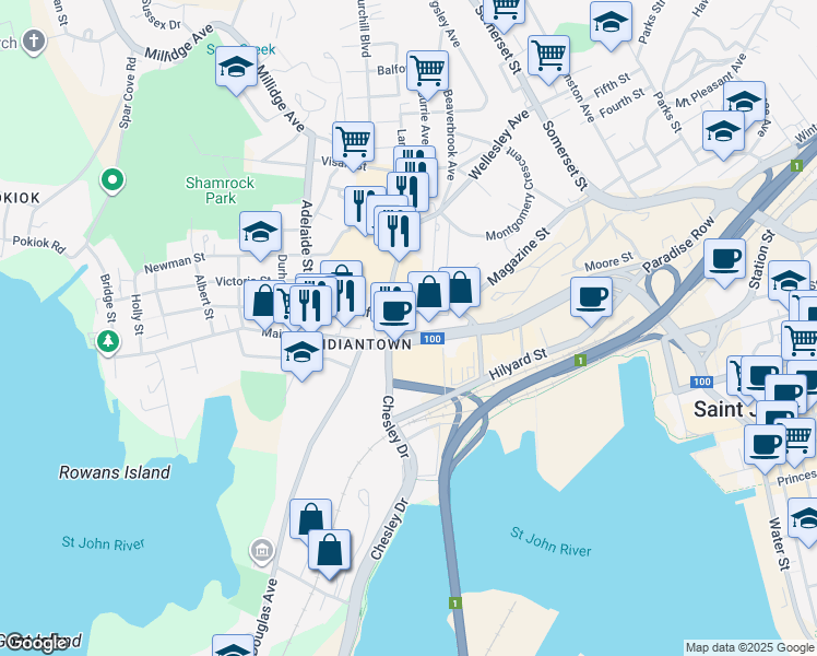 map of restaurants, bars, coffee shops, grocery stores, and more near 399 Main Street in Saint John
