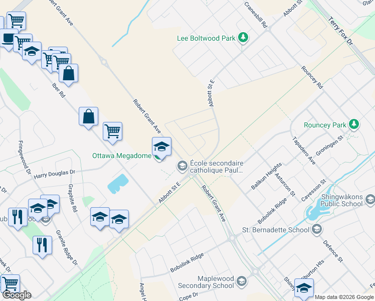 map of restaurants, bars, coffee shops, grocery stores, and more near 871 Fairline Row in Ottawa