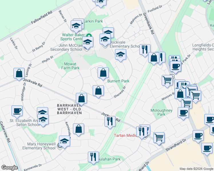 map of restaurants, bars, coffee shops, grocery stores, and more near 5 Vanessa Terrace in Ottawa