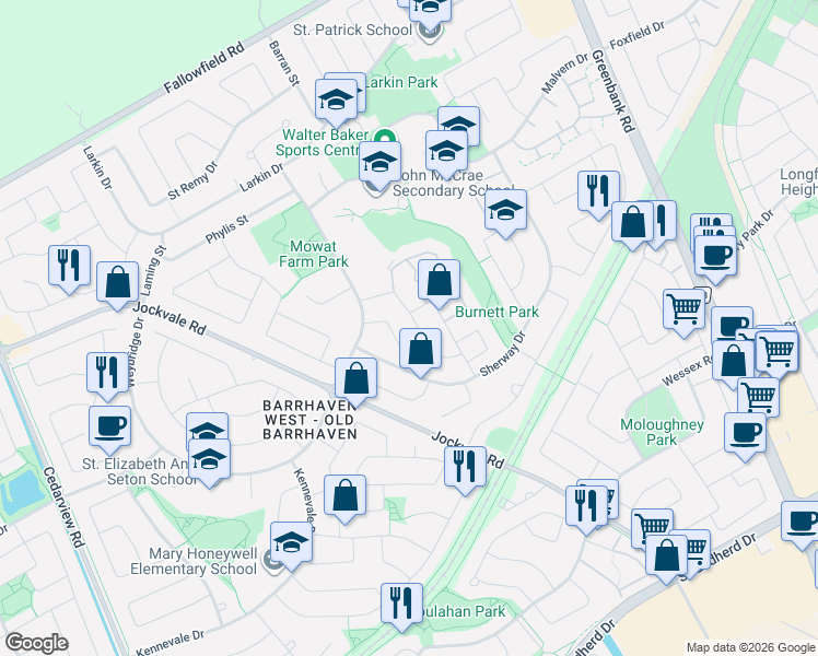 map of restaurants, bars, coffee shops, grocery stores, and more near 43 Whelan Drive in Ottawa