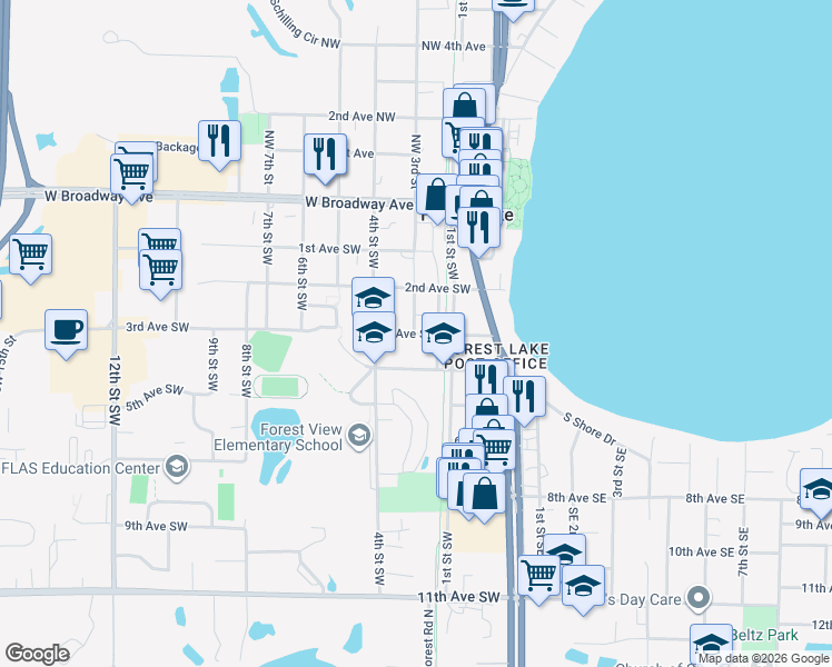 map of restaurants, bars, coffee shops, grocery stores, and more near 299 3rd Avenue Southwest in Forest Lake