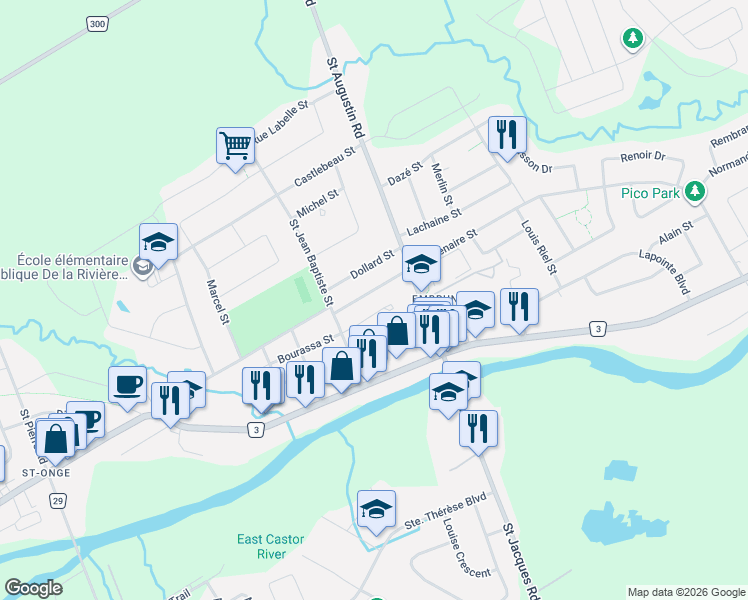 map of restaurants, bars, coffee shops, grocery stores, and more near 127 Centenaire Street in Embrun