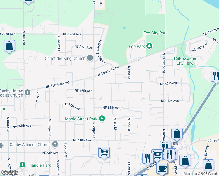 map of restaurants, bars, coffee shops, grocery stores, and more near 1615 North Oak Street in Canby
