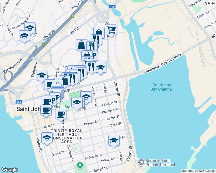 map of restaurants, bars, coffee shops, grocery stores, and more near 95 Elliott Row in Saint John