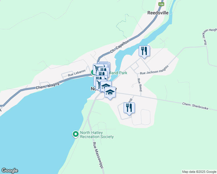 map of restaurants, bars, coffee shops, grocery stores, and more near 332 Chemin de la Rivière in North Hatley