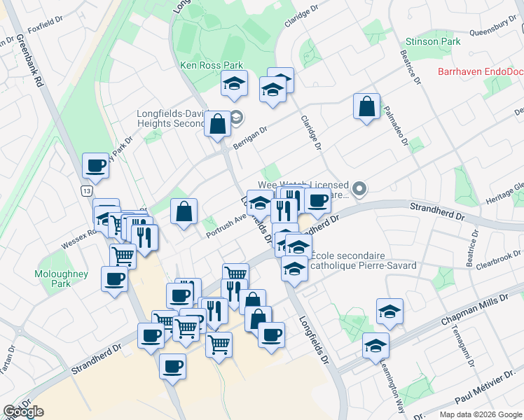 map of restaurants, bars, coffee shops, grocery stores, and more near 163 Portrush Avenue in Ottawa