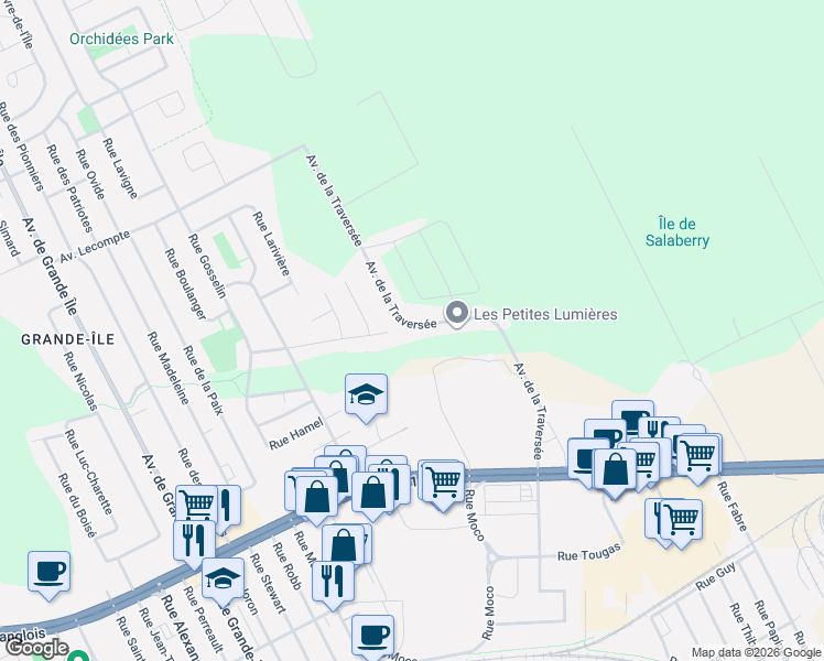 map of restaurants, bars, coffee shops, grocery stores, and more near 531 Avenue de la Traversée in Salaberry-de-Valleyfield