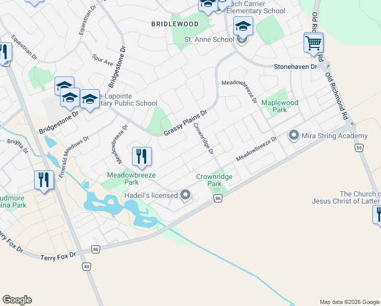 map of restaurants, bars, coffee shops, grocery stores, and more near 155 Lily Pond Street in Ottawa
