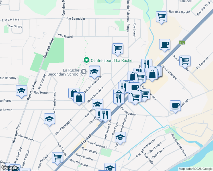 map of restaurants, bars, coffee shops, grocery stores, and more near 1260 Rue Champlain in Magog