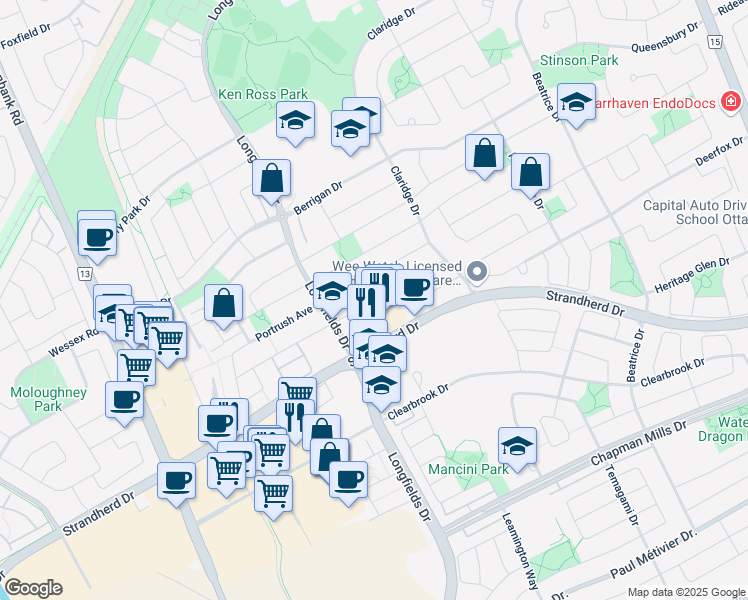 map of restaurants, bars, coffee shops, grocery stores, and more near 156 Deercroft Avenue in Ottawa