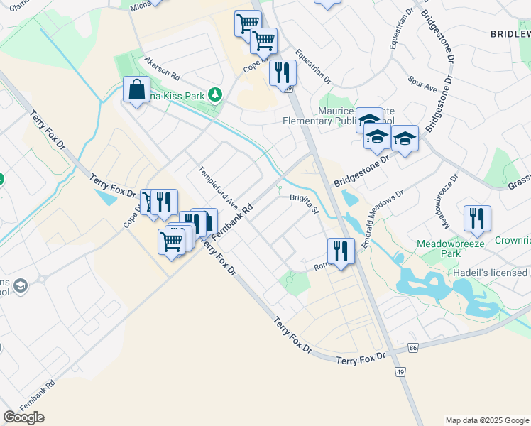 map of restaurants, bars, coffee shops, grocery stores, and more near 321 Brigitta Street in Ottawa