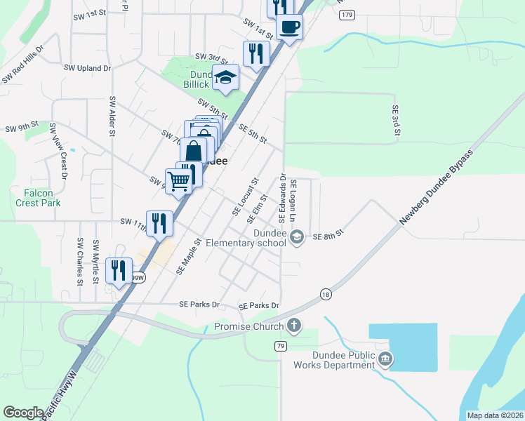 map of restaurants, bars, coffee shops, grocery stores, and more near 759 Southeast Elm Street in Dundee