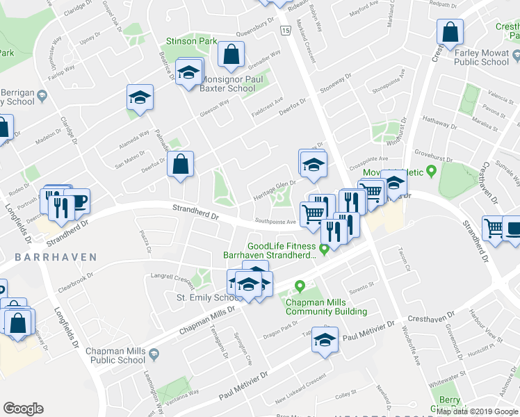 map of restaurants, bars, coffee shops, grocery stores, and more near 11 Southpointe Avenue in Ottawa