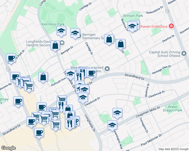 map of restaurants, bars, coffee shops, grocery stores, and more near 147 Oakfield Crescent in Ottawa