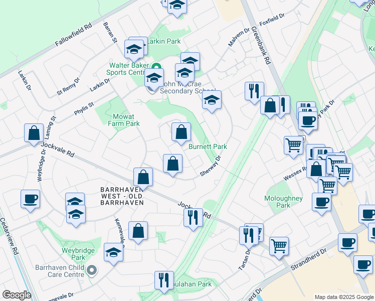 map of restaurants, bars, coffee shops, grocery stores, and more near 2 Spring Grove Lane in Ottawa