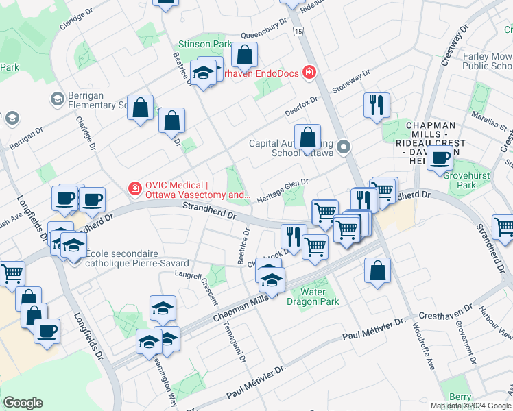 map of restaurants, bars, coffee shops, grocery stores, and more near 501 Beatrice Drive in Ottawa