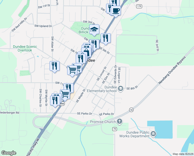 map of restaurants, bars, coffee shops, grocery stores, and more near 810 Southeast Locust Street in Dundee