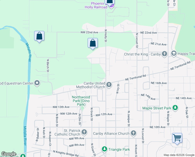 map of restaurants, bars, coffee shops, grocery stores, and more near 209 Southeast 16th Avenue in Canby