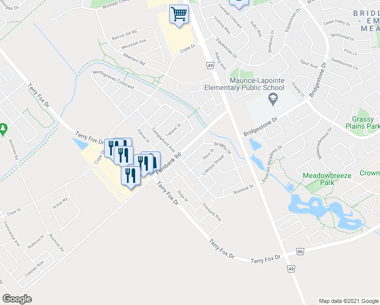 map of restaurants, bars, coffee shops, grocery stores, and more near 316 Brigitta Street in Ottawa