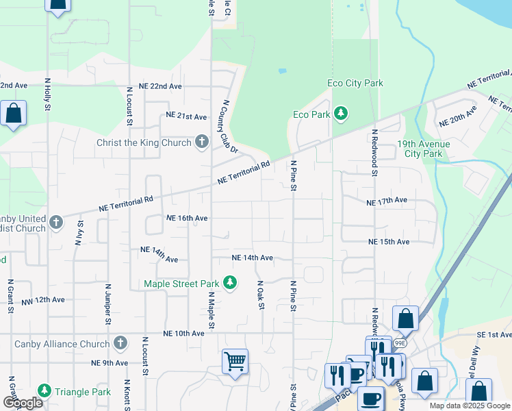 map of restaurants, bars, coffee shops, grocery stores, and more near 1615 North Oak Street in Canby