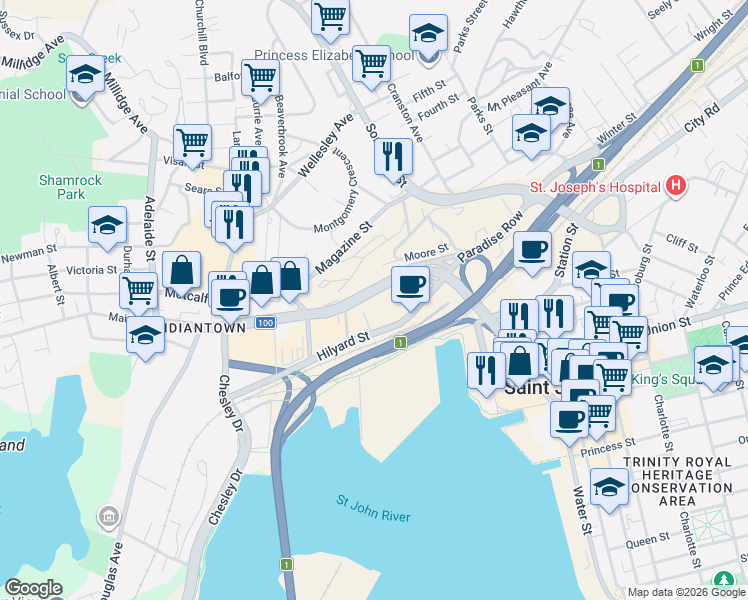 map of restaurants, bars, coffee shops, grocery stores, and more near 580 Main Street in Saint John
