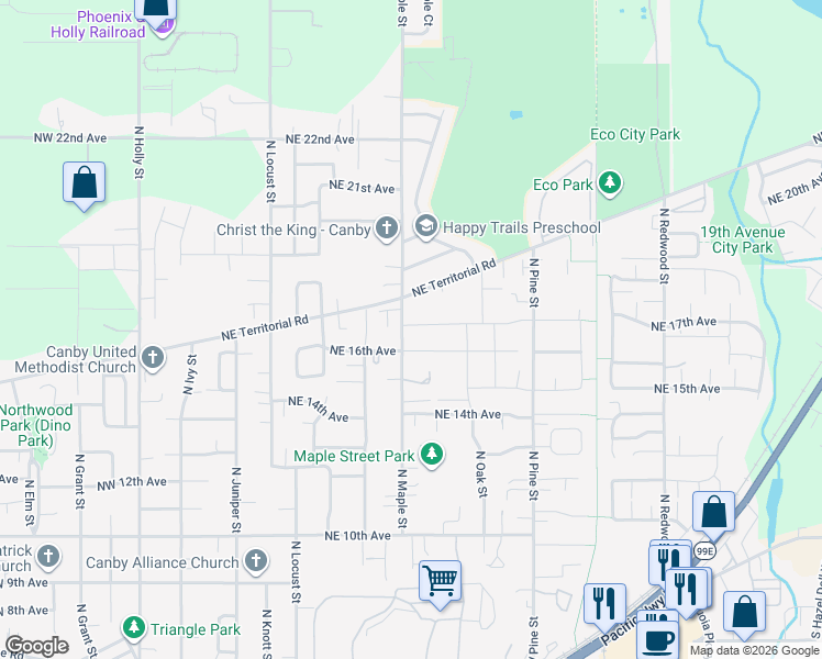 map of restaurants, bars, coffee shops, grocery stores, and more near 1688 North Maple Street in Canby