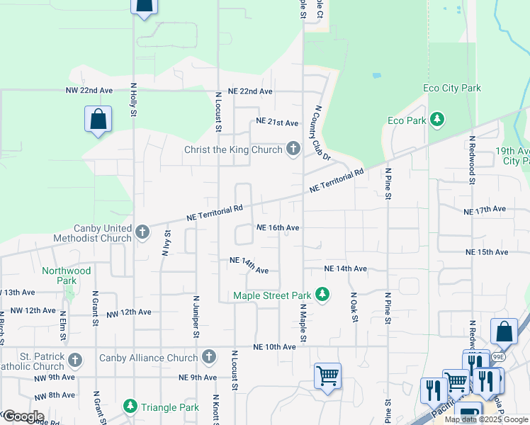 map of restaurants, bars, coffee shops, grocery stores, and more near 1698 Northeast Laurelwood Circle in Canby