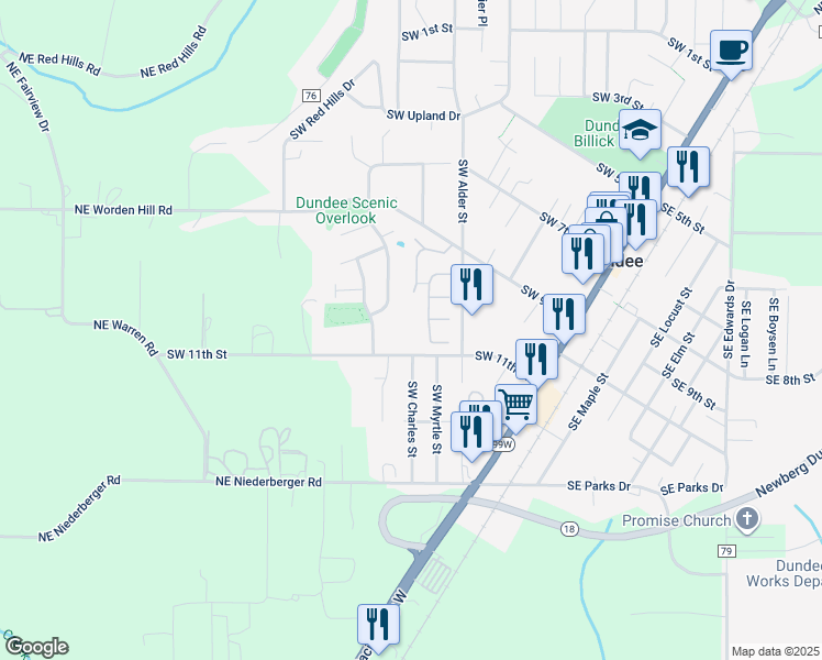 map of restaurants, bars, coffee shops, grocery stores, and more near 500 Southwest 11th Street in Dundee
