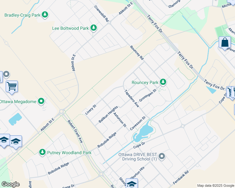 map of restaurants, bars, coffee shops, grocery stores, and more near 120 Palfrey Way in Ottawa