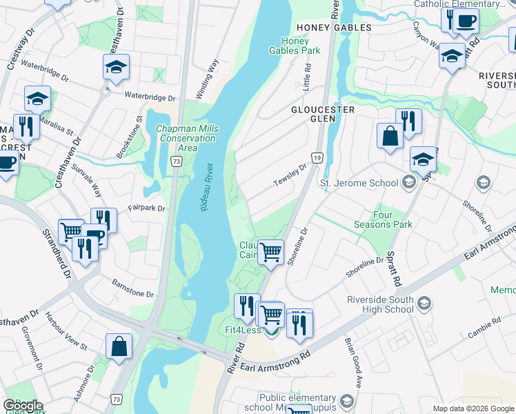 map of restaurants, bars, coffee shops, grocery stores, and more near 310 Riversedge Crescent in Ottawa