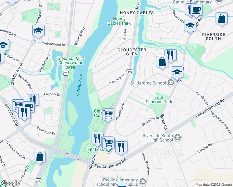 map of restaurants, bars, coffee shops, grocery stores, and more near 636 River Road in Ottawa