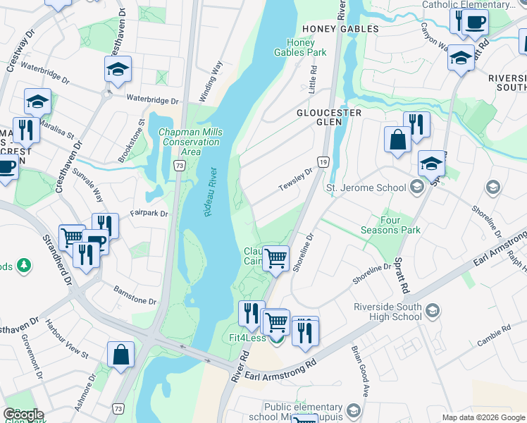 map of restaurants, bars, coffee shops, grocery stores, and more near 201 Tewsley Drive in Ottawa