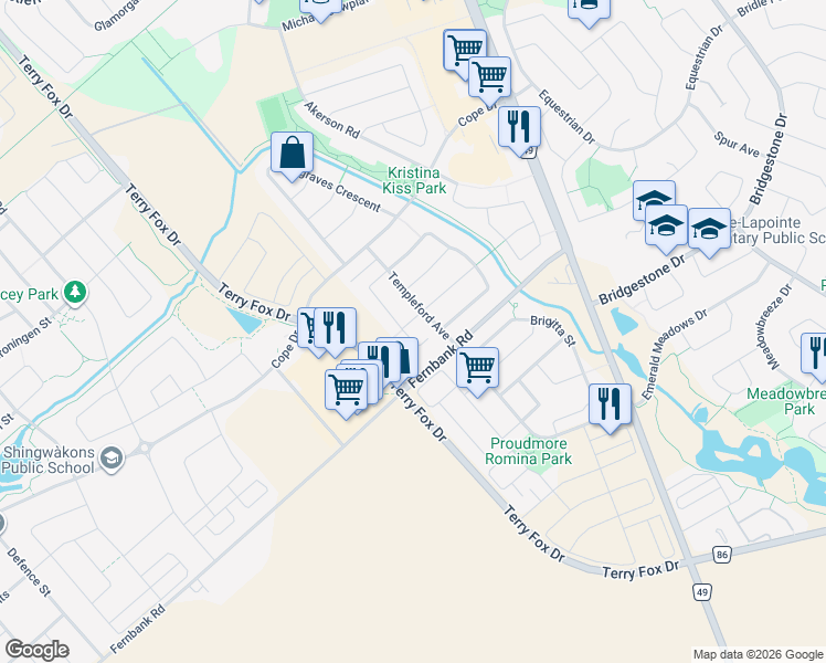 map of restaurants, bars, coffee shops, grocery stores, and more near 178 Patriot Place in Ottawa