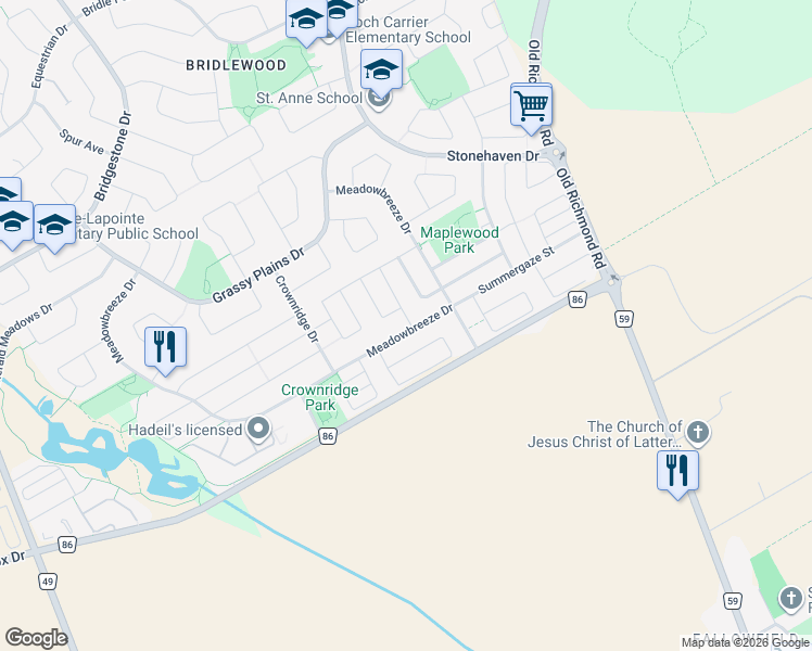 map of restaurants, bars, coffee shops, grocery stores, and more near 351 Meadowbreeze Drive in Ottawa