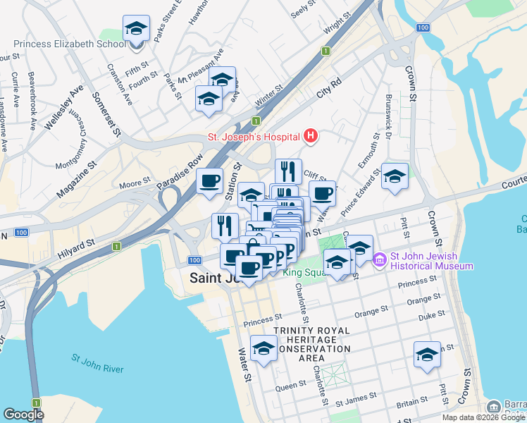 map of restaurants, bars, coffee shops, grocery stores, and more near in Saint John