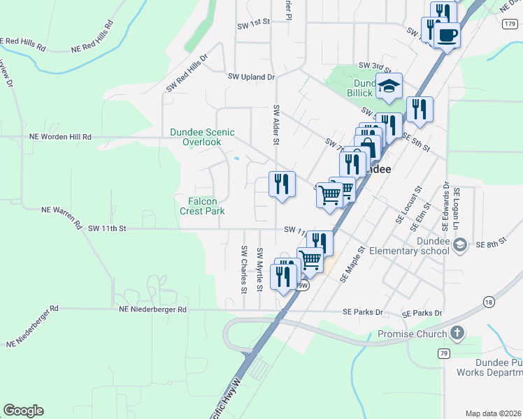 map of restaurants, bars, coffee shops, grocery stores, and more near 906 Southwest Alder Street in Dundee
